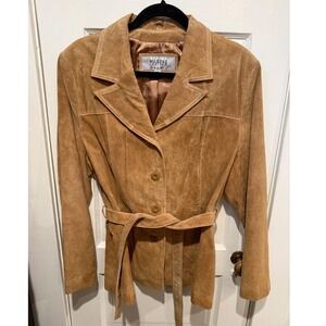 Wilsons Leather Maxima Womens XL‎ Tan Suede Belted Blazer Coat Boho Vintage